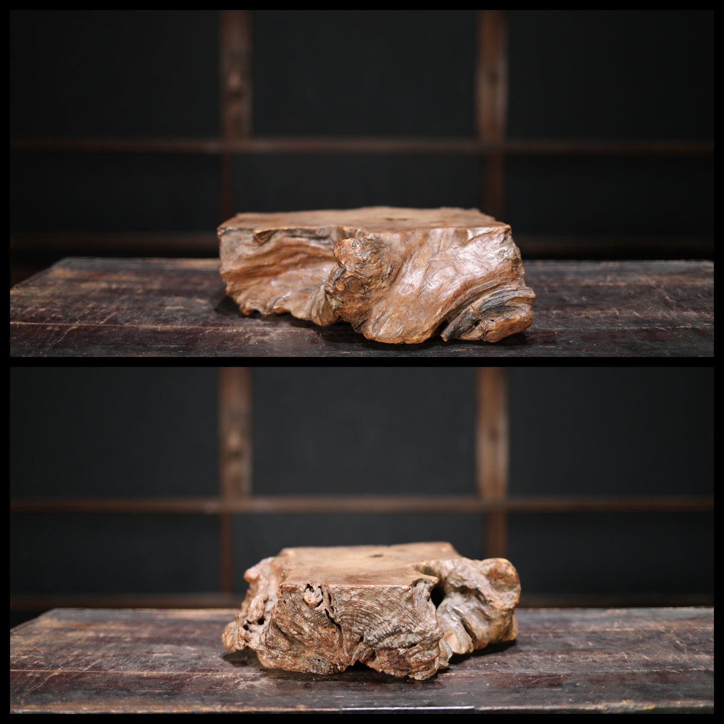 Wood Burl Display Stand - Japanese Antique Pedestal With Large Wood Slab Base