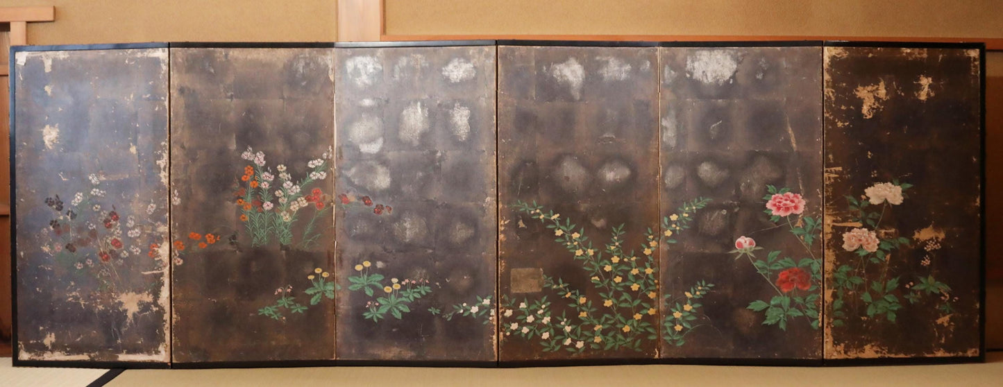 Antique Japanese Byobu Folding Screen - Edo Period Tale of Genji Art, Gold Leaf Decor