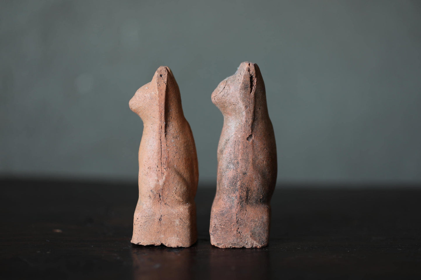 Japanese Antiques KITSUNE Dolls, Imado-yaki Pottery Pair (H3.7in)