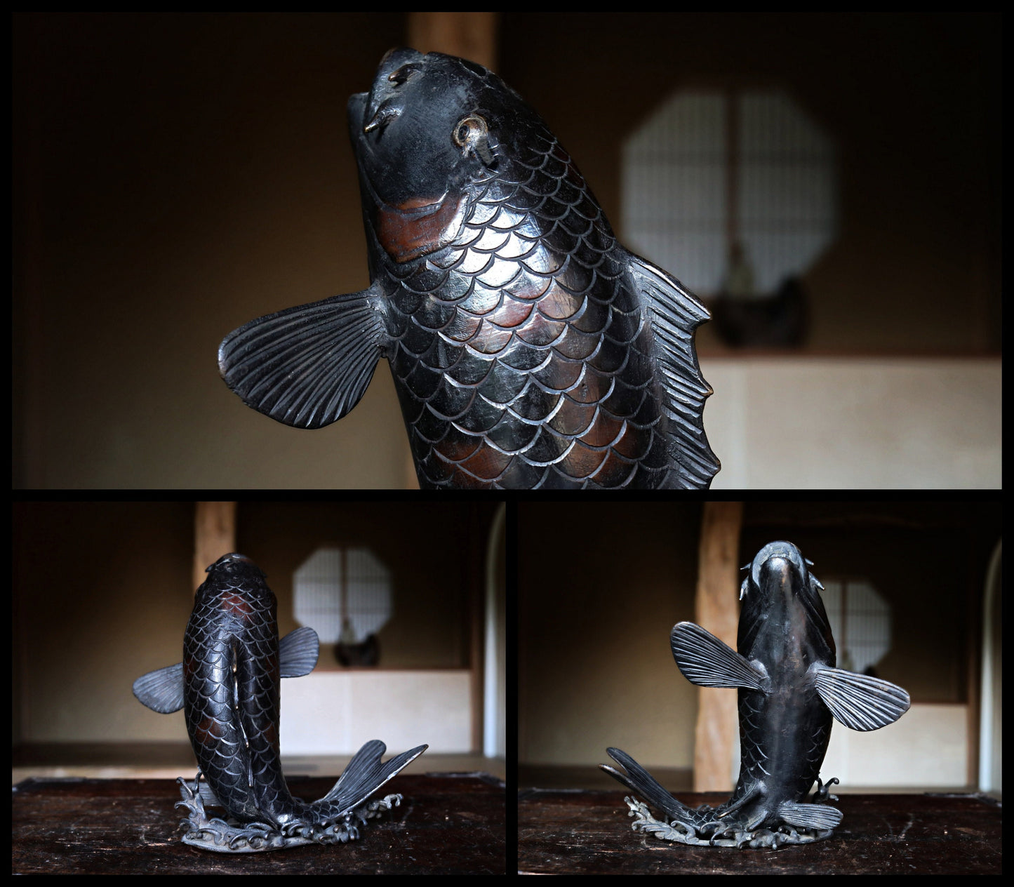 Bronze Koi Carp Fountain - Antique Japanese Garden Decor & Rustic Bronze Sculpture