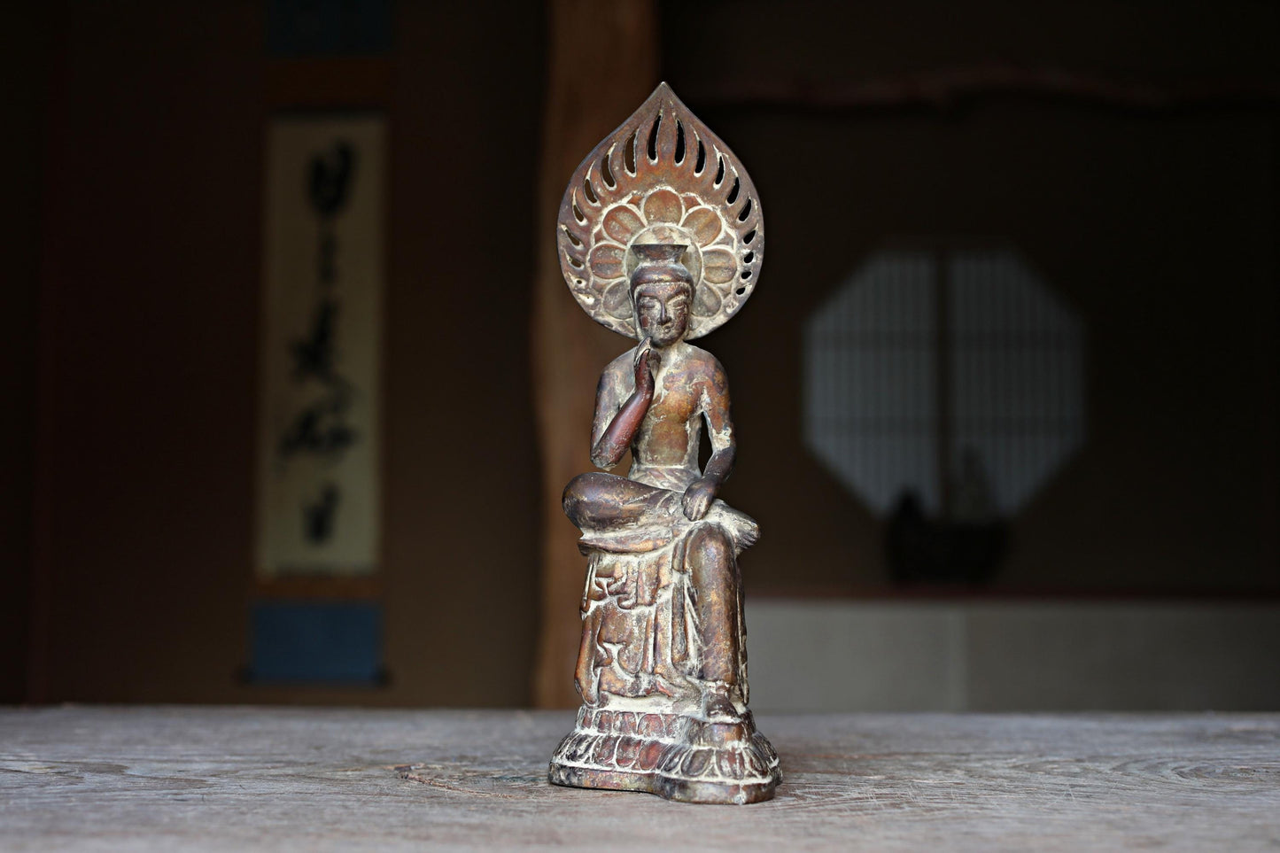 Japanese Bronze Buddha Statue – Antique Miroku Maitreya Bodhisattva Sculpture H10.8in