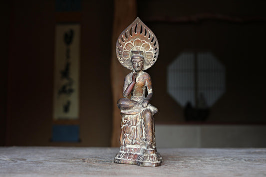 Japanese Bronze Buddha Statue – Antique Miroku Maitreya Bodhisattva Sculpture H10.8in