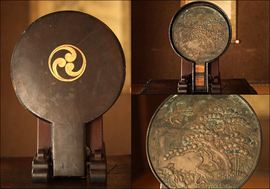 Antique Japanese Mirror - Bronze Mirror With Samurai Crest Case & Cranes Relief