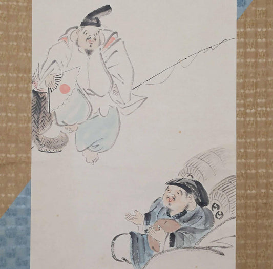 Japanese Hanging Scroll | 6.5ft Vintage Watercolor Kakejiku Featuring Ebisu and Daikokuten Gods