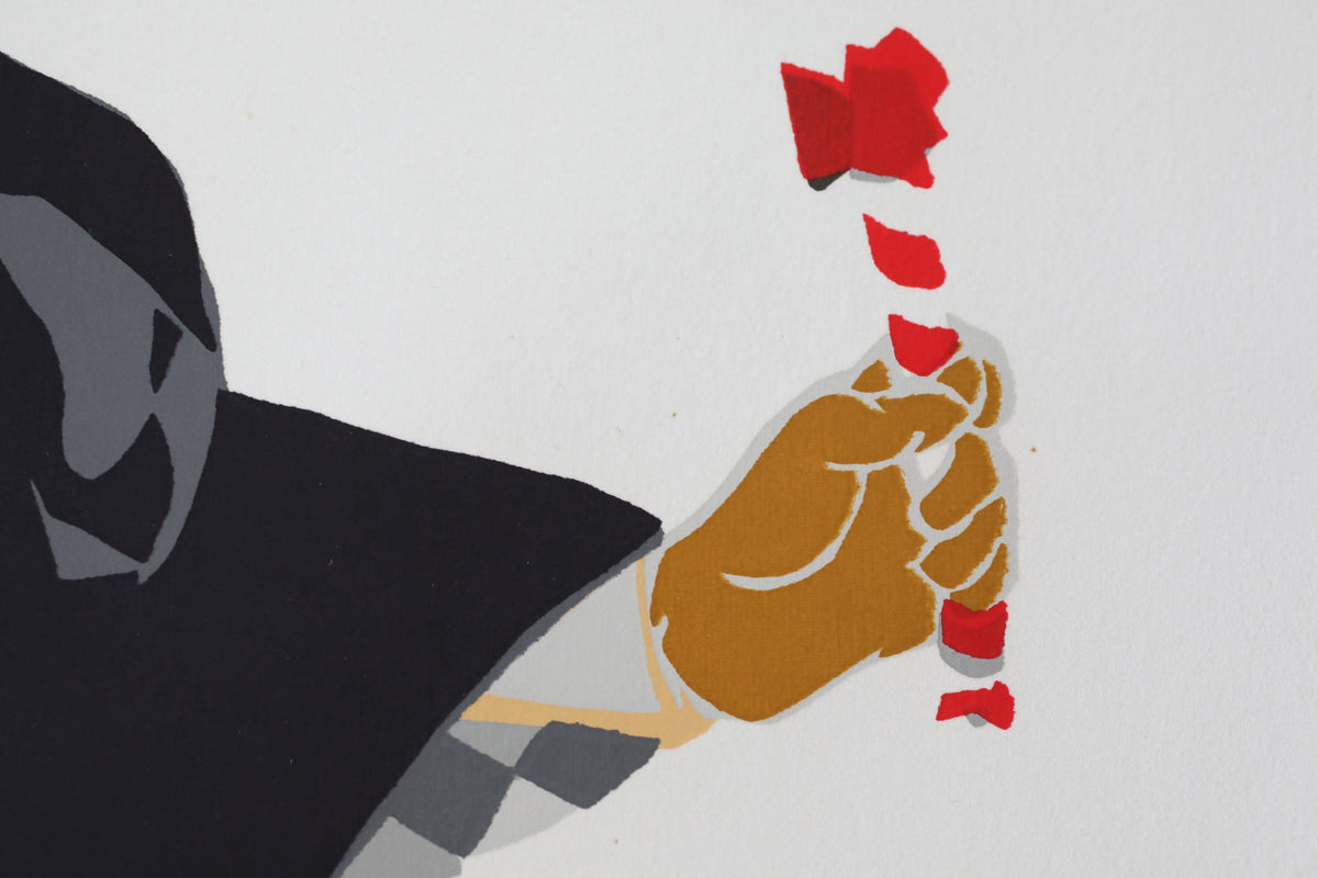 a hand holding a red flower, with a black hooded figure in the background.