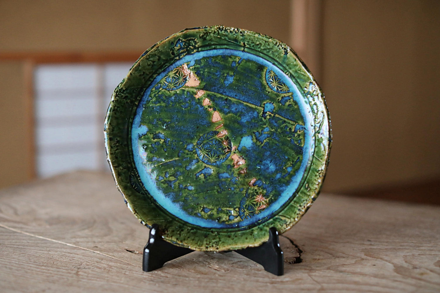 Oribe Ware Platter - Handmade Green Ceramic Plate | Abstract Kiln Art Dish 27cm