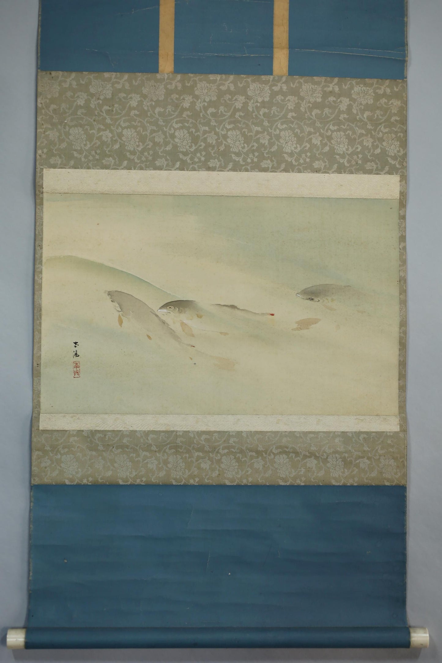 Japanese Watercolor Scroll - Antique Meiji Era Sweetfish Ayu Painting | Signed Kakejiku
