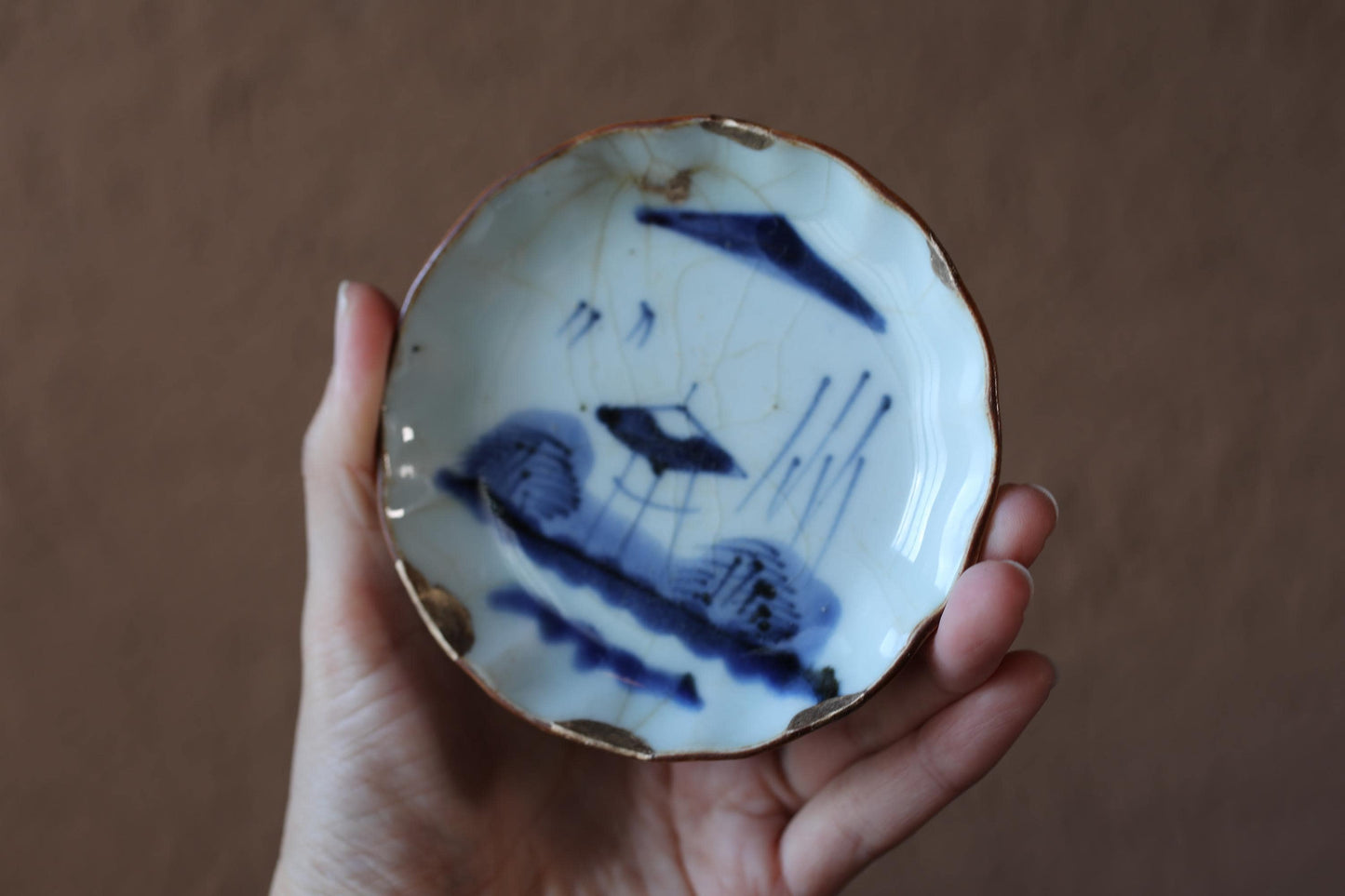 Japanese Antique Plate - Blue White Porcelain Dish | Kintsugi Repair Small Ceramic Plate