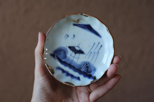 Japanese Antique Plate - Blue White Porcelain Dish | Kintsugi Repair Small Ceramic Plate