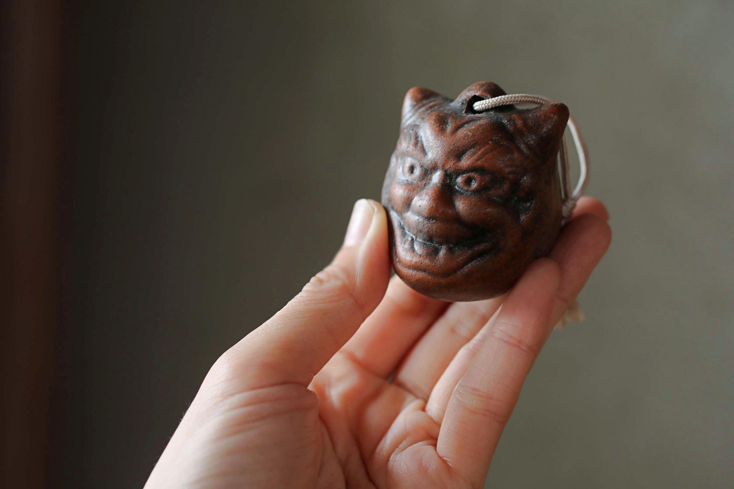 Japanese Oni Pottery Bell - Vintage Paperweight & Demon Talisman Ornament