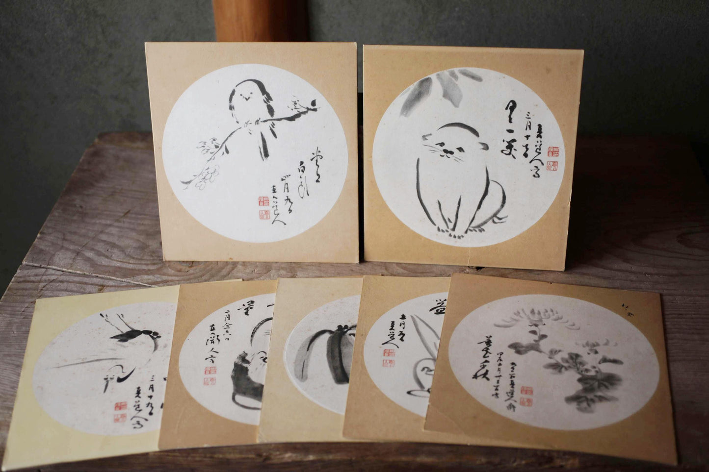 Japanese Shikishi Art - Vintage Hand Painted Flower & Animal Set on Traditional Paper