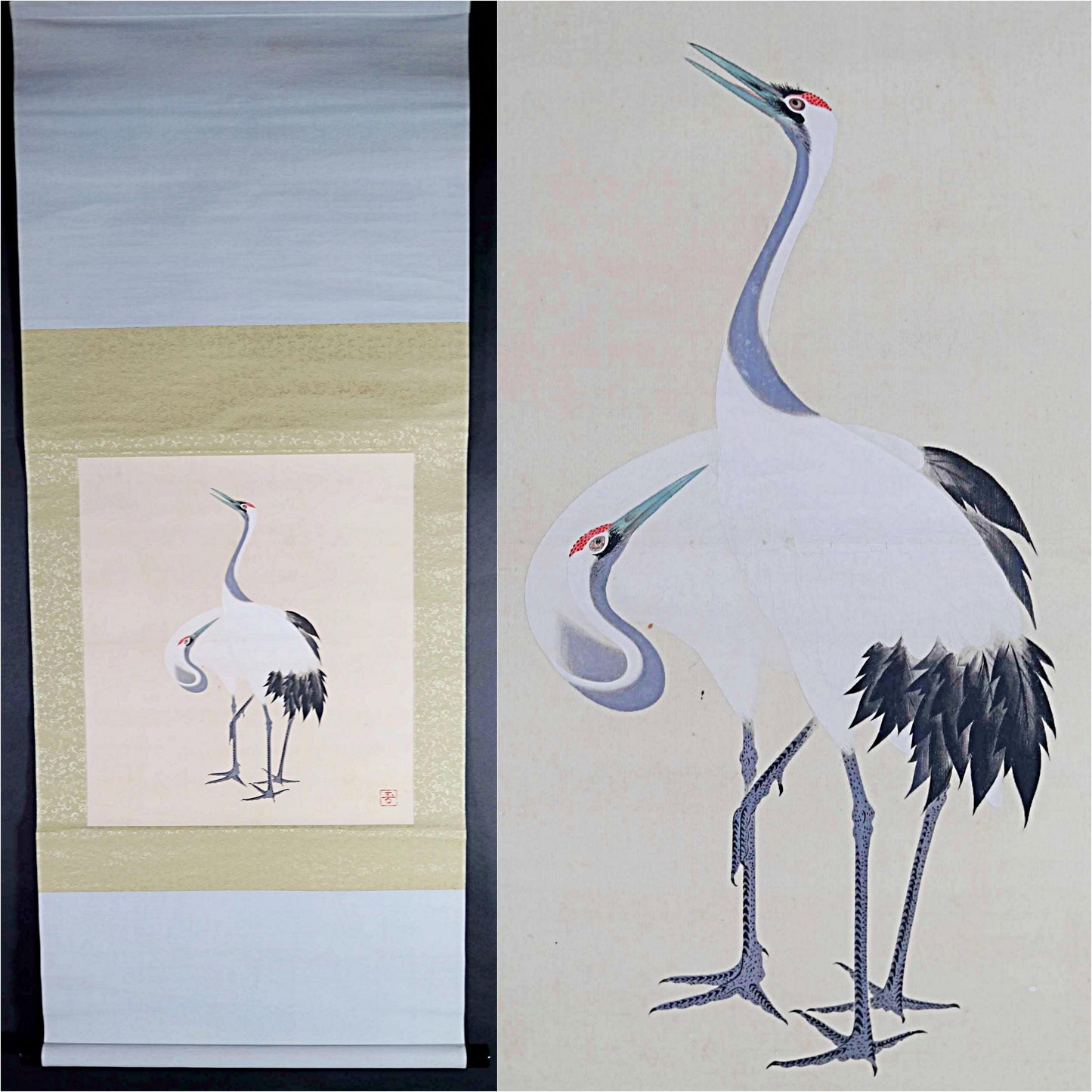 Japanese Hanging Scroll - Vintage Silk Mounted Painting of Pair of Cranes Artwork