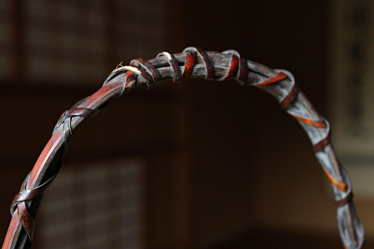 A close-up view of a curved, twisted metal object with a reddish-brown hue, possibly a piece of metal or a decorative element.