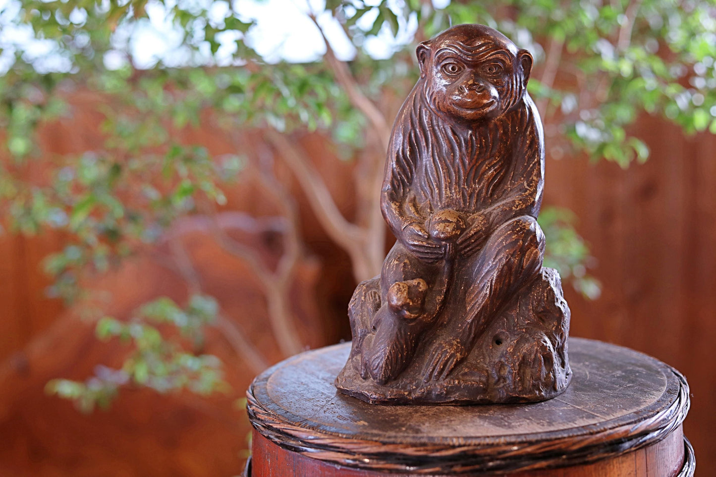 Bizen Ware Monkey Figurine - Signed Ceramic Statue With Longevity Peach, 1930s Vintage
