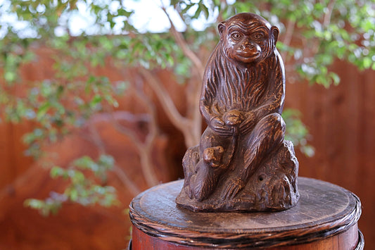 Bizen Ware Monkey Figurine - Signed Ceramic Statue With Longevity Peach, 1930s Vintage