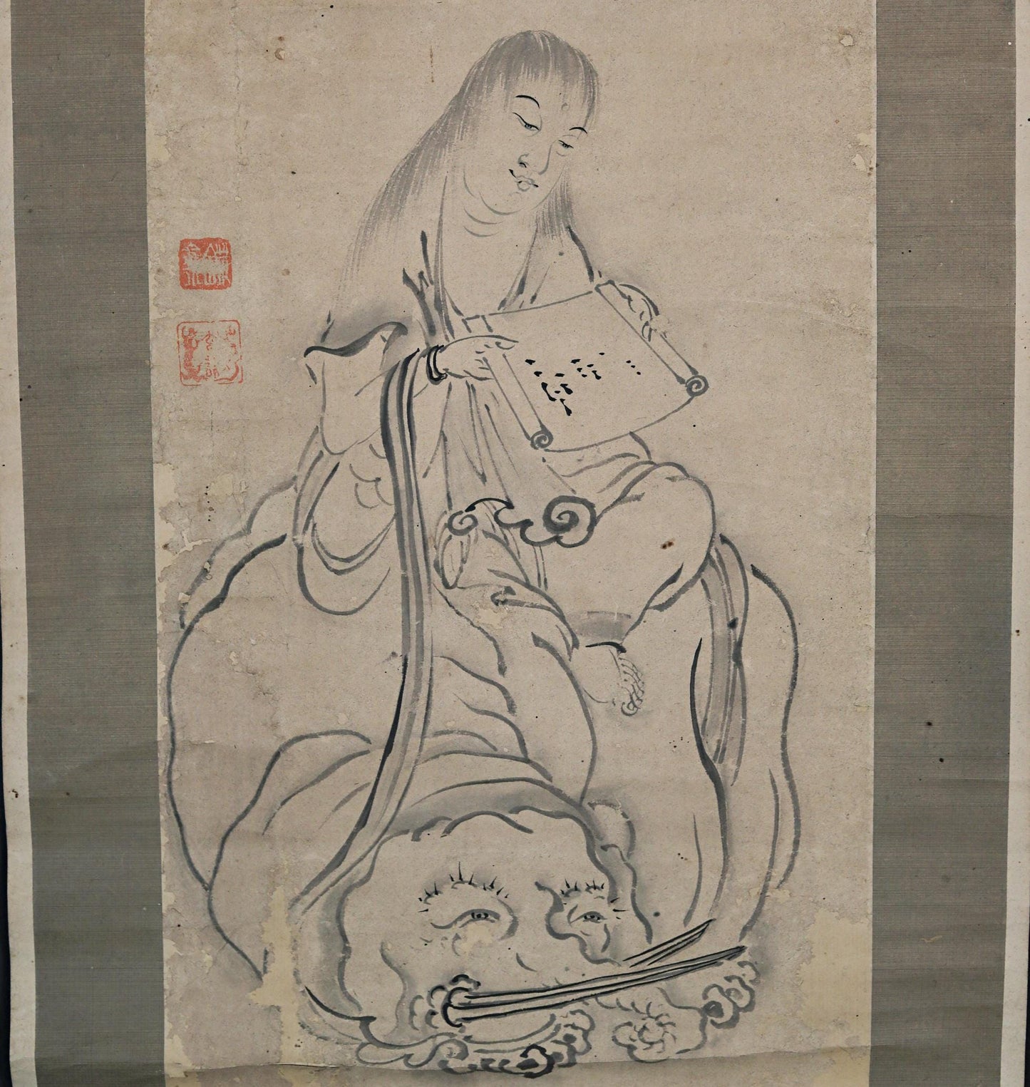 Japanese Antique Scroll – Bodhisattva Painting With Elephant | Vintage Kakejiku Art