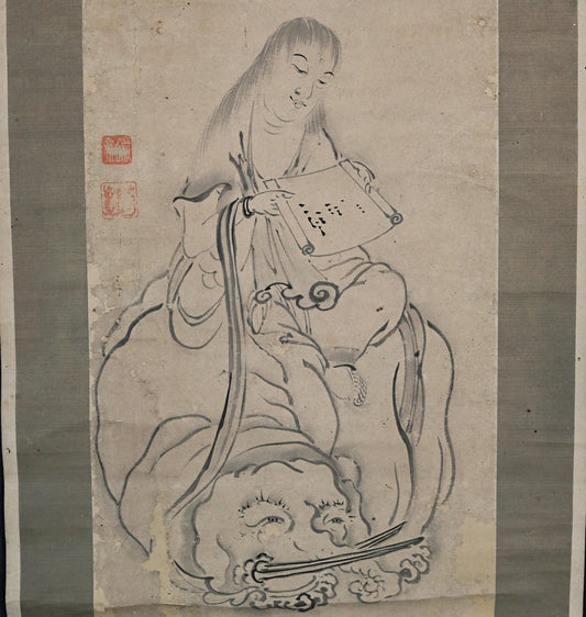 Japanese Antique Scroll – Bodhisattva Painting With Elephant | Vintage Kakejiku Art