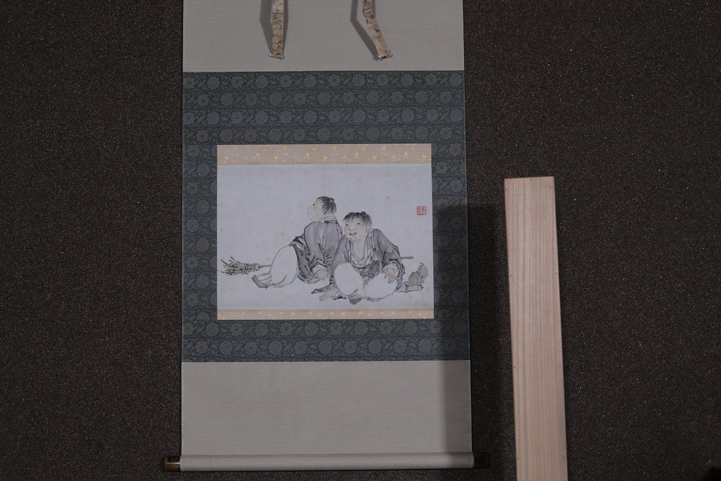 Japanese Hanging Scroll - Vintage Ink Painting With Kids Monk Art & Ceramic Scroll Tip