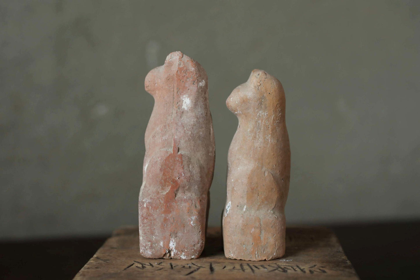 Antique Kitsune Dolls - Imado-yaki Pottery Pair | Japanese Guardian Foxes, Rustic Edo Period Collectibles