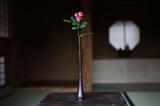 Vintage Bronze Vase - Japanese Ikebana Flower Vase With Crane Neck Design & Signed Wooden Box