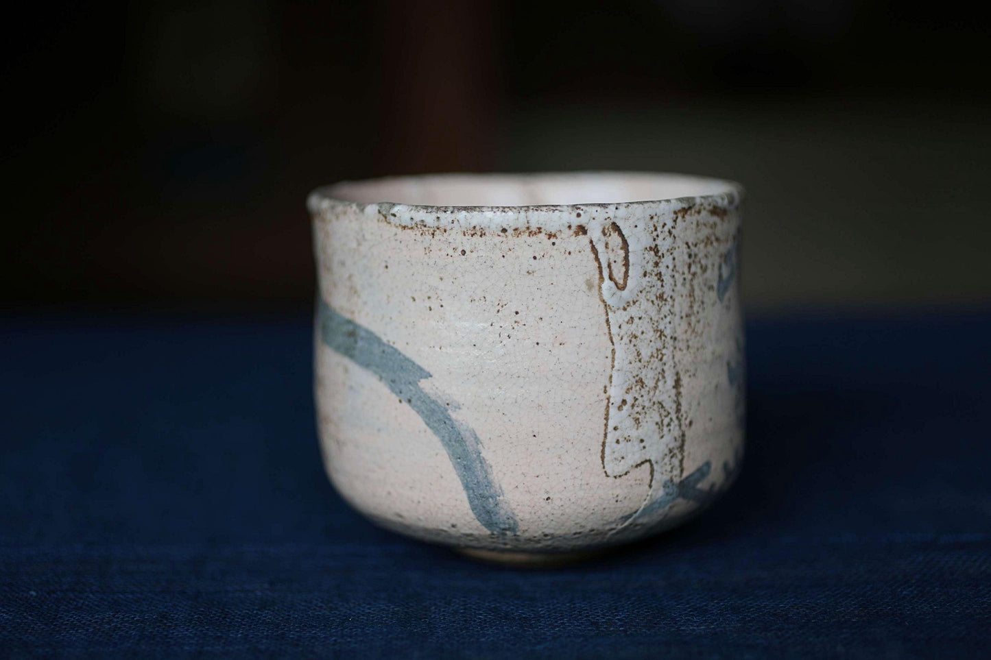 Shino Tea Bowl - Handmade Japanese Ceramic Chawan with Zen Master Daruma Art