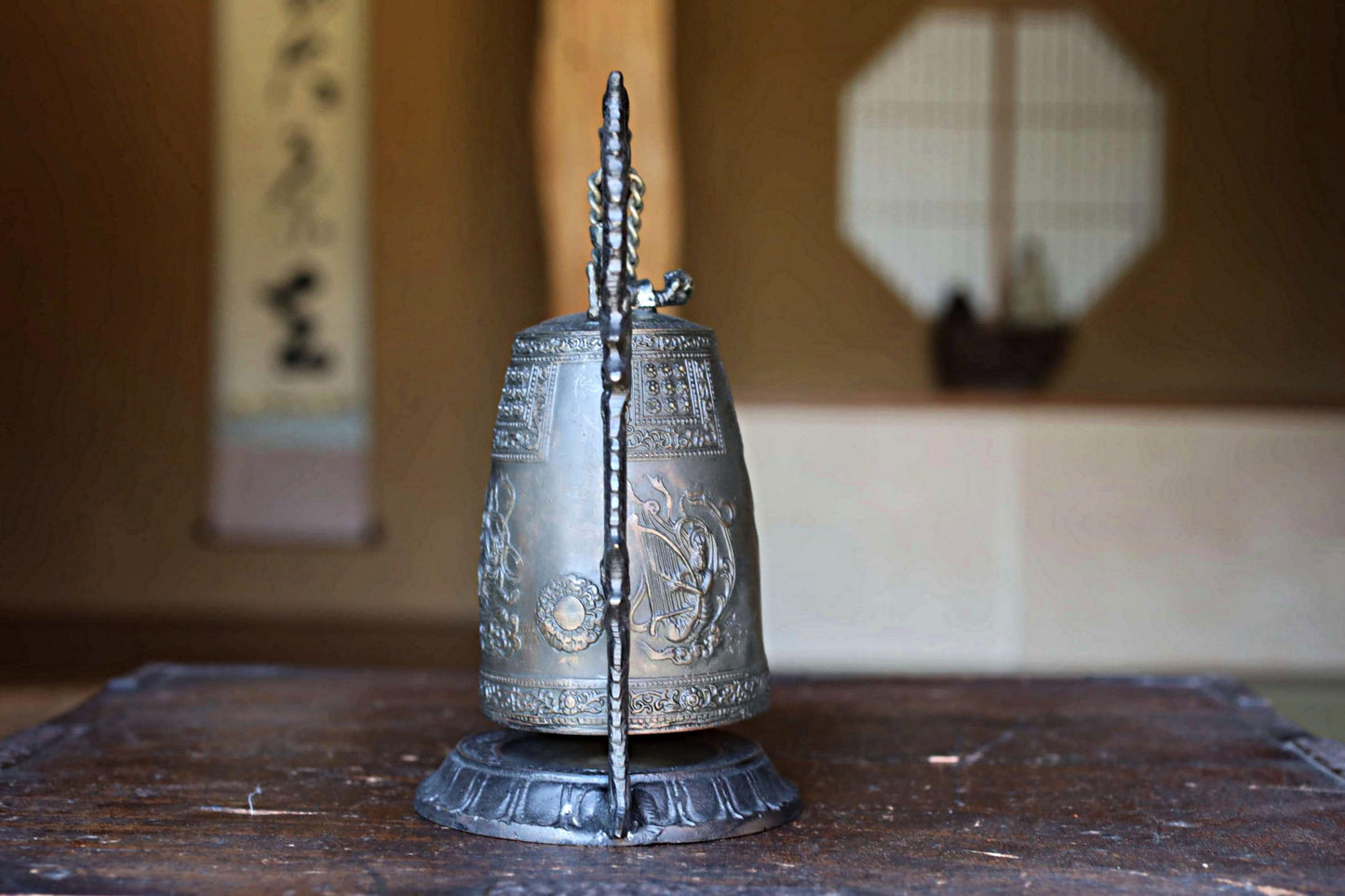 Japanese Bronze Temple Bell – Vintage Altar Gong With Dragon Stand & Striker