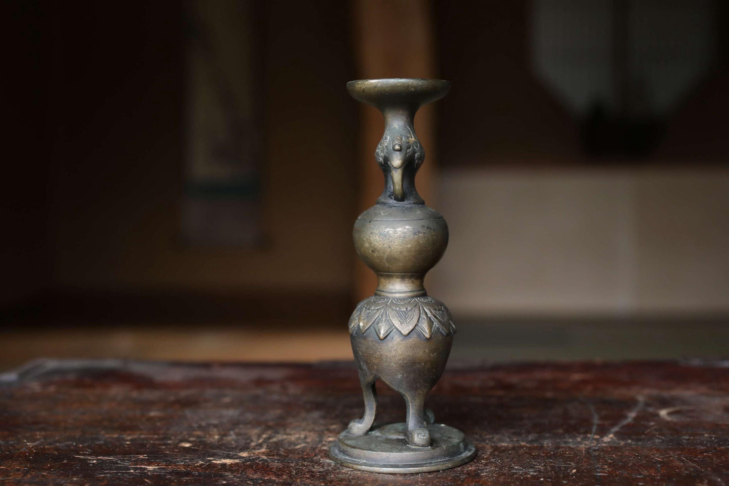 Antique Brass Candlestick - Japanese Cast Metal Elephant Motif | Buddhist Altar Decor