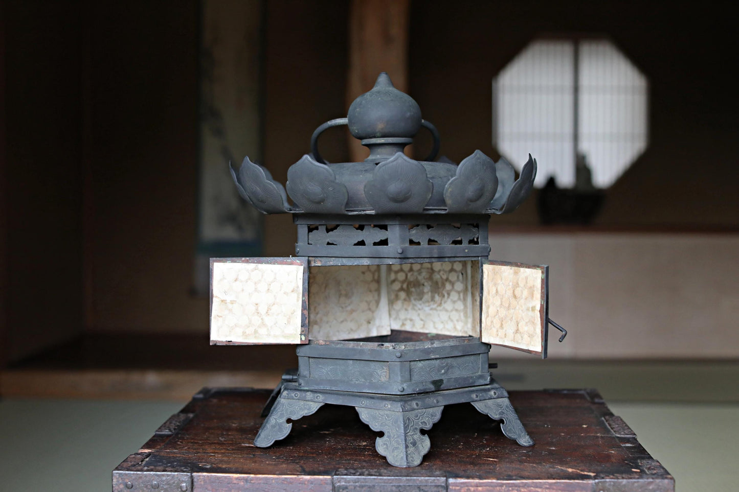 Japanese Buddhist Lantern - Antique Bronze Hanging Temple Lantern with Lotus Flower Design