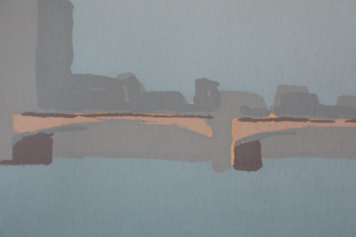 The image is a painting of a bridge, featuring a cityscape in the background.