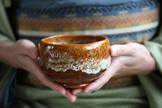 Japanese RAKU CHAWAN Handmade Matcha Tea Cup Bowl - Traditional Tea Ceremony Pottery with Kanji Signature Box