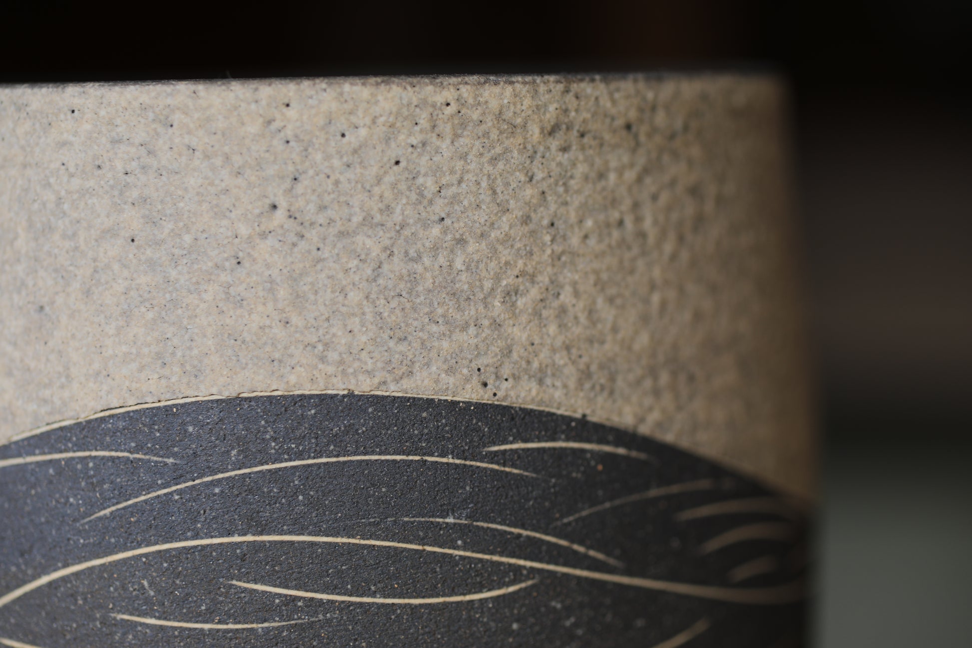 A close-up image of a ceramic or porcelain object with a textured surface, featuring a black and white design or pattern.