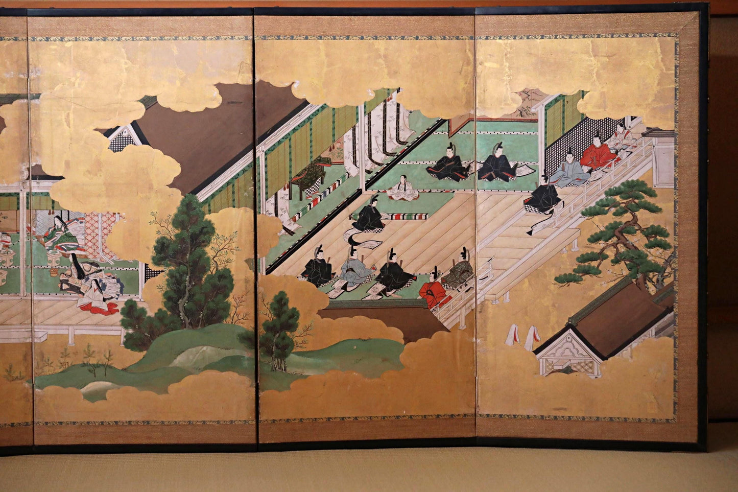 Antique Japanese Byobu Folding Screen - Edo Period Tale of Genji Art, Gold Leaf Decor