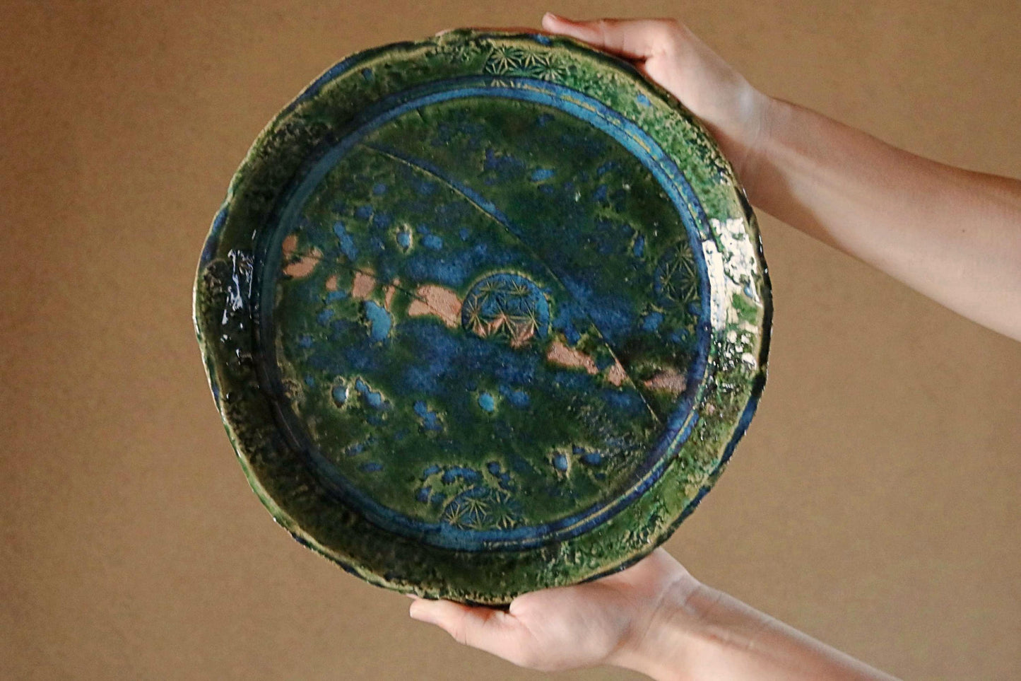 Oribe Ceramic Platter - Handmade Japanese Green Pottery Dish | Abstract Kiln Art