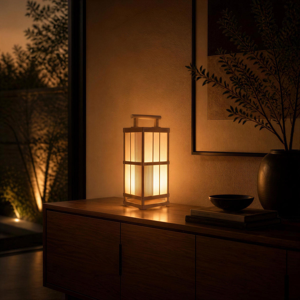 a wooden cabinet with a lit lantern on top, situated in a dimly lit room with a window and a plant in the background.