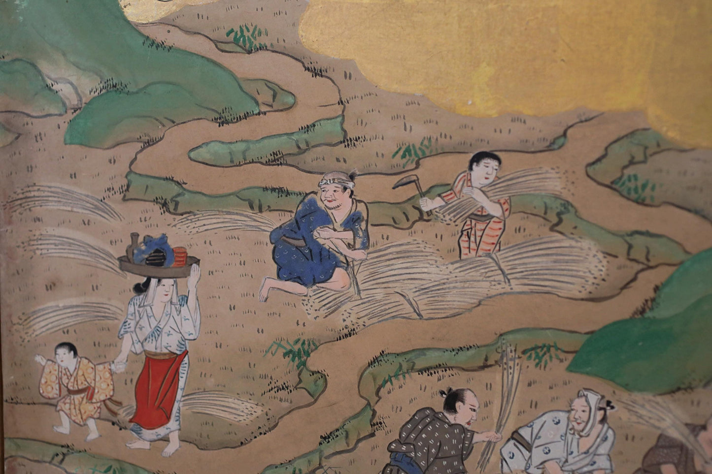 Japanese Antique Byobu Folding Screen - Tale of Genji Art, Gold & Silver Leaf, 17th Century Paravent