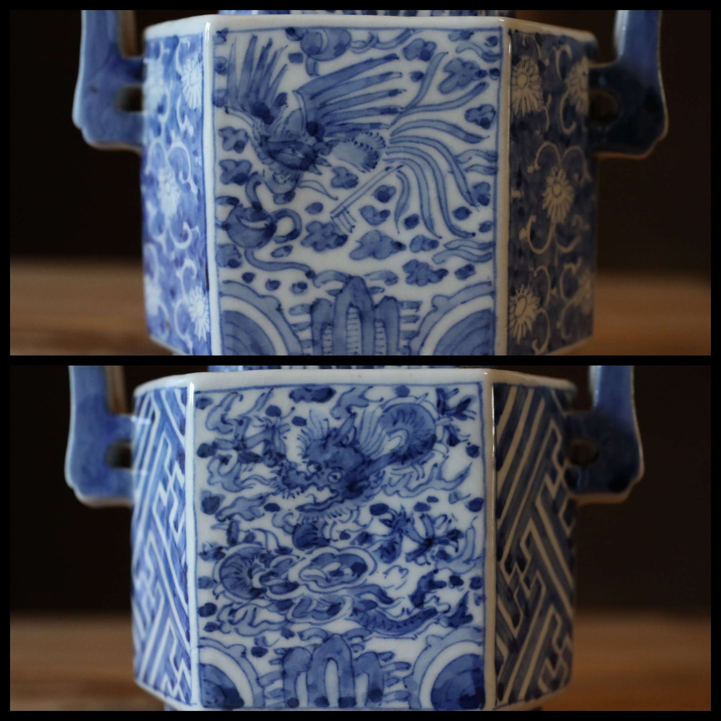 Koimari Porcelain Incense Burner - Japanese Antique Hexagonal Ceramic Censer With Lion Lid