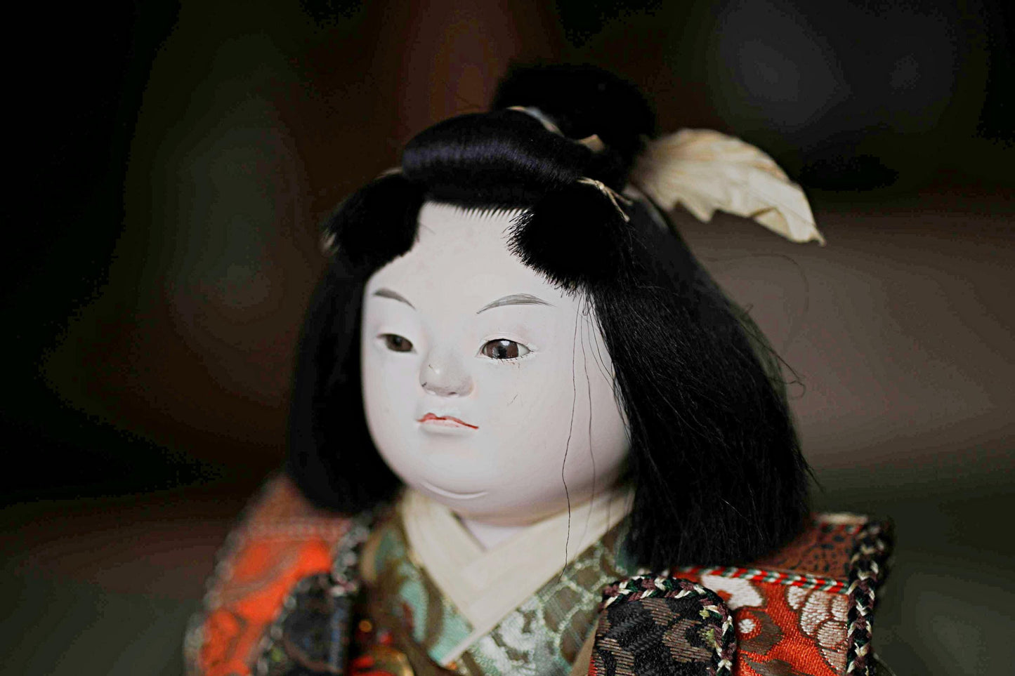 Vintage Kabuki Doll - 1960s Momotaro Wooden Doll With Silk Kimono Gift Box