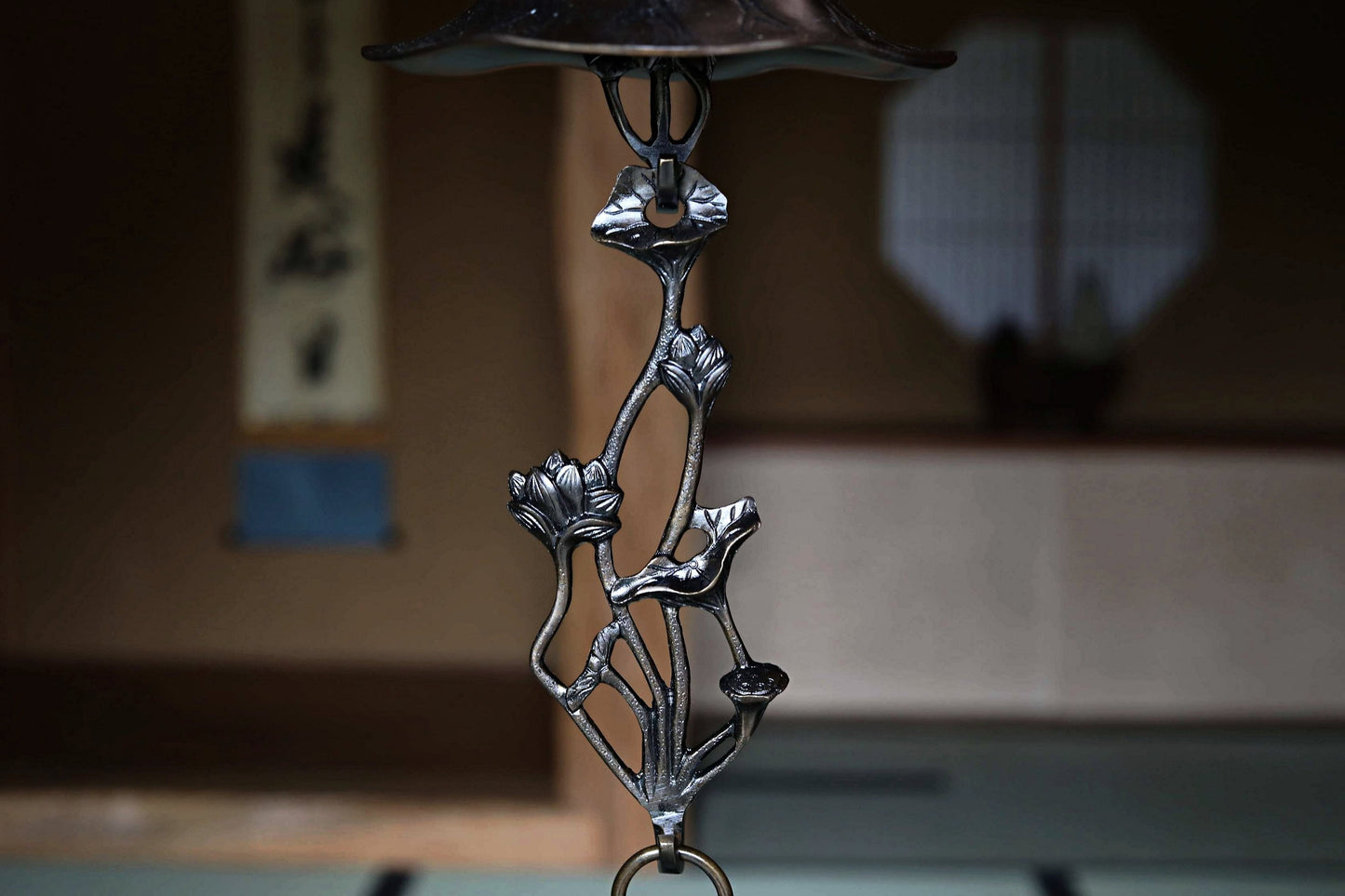 Japanese Bronze Lantern - Hanging Candle Holder Pair With Lotus Flower Candlestick