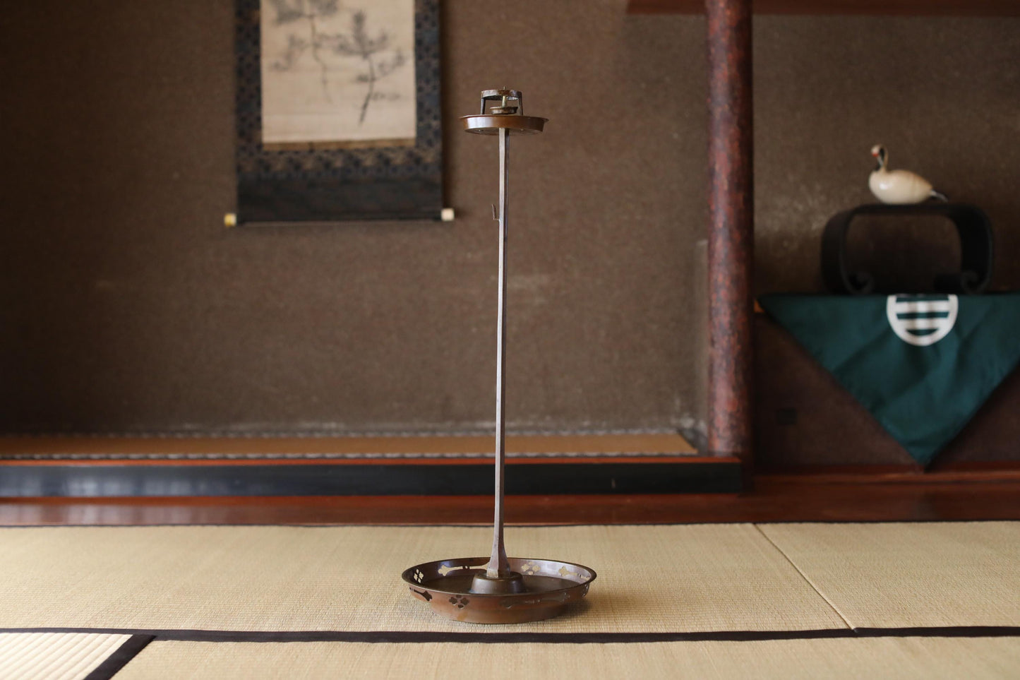 Japanese Antique Lantern - Bronze Candle Stand With Samurai Temple Design, 27.6in