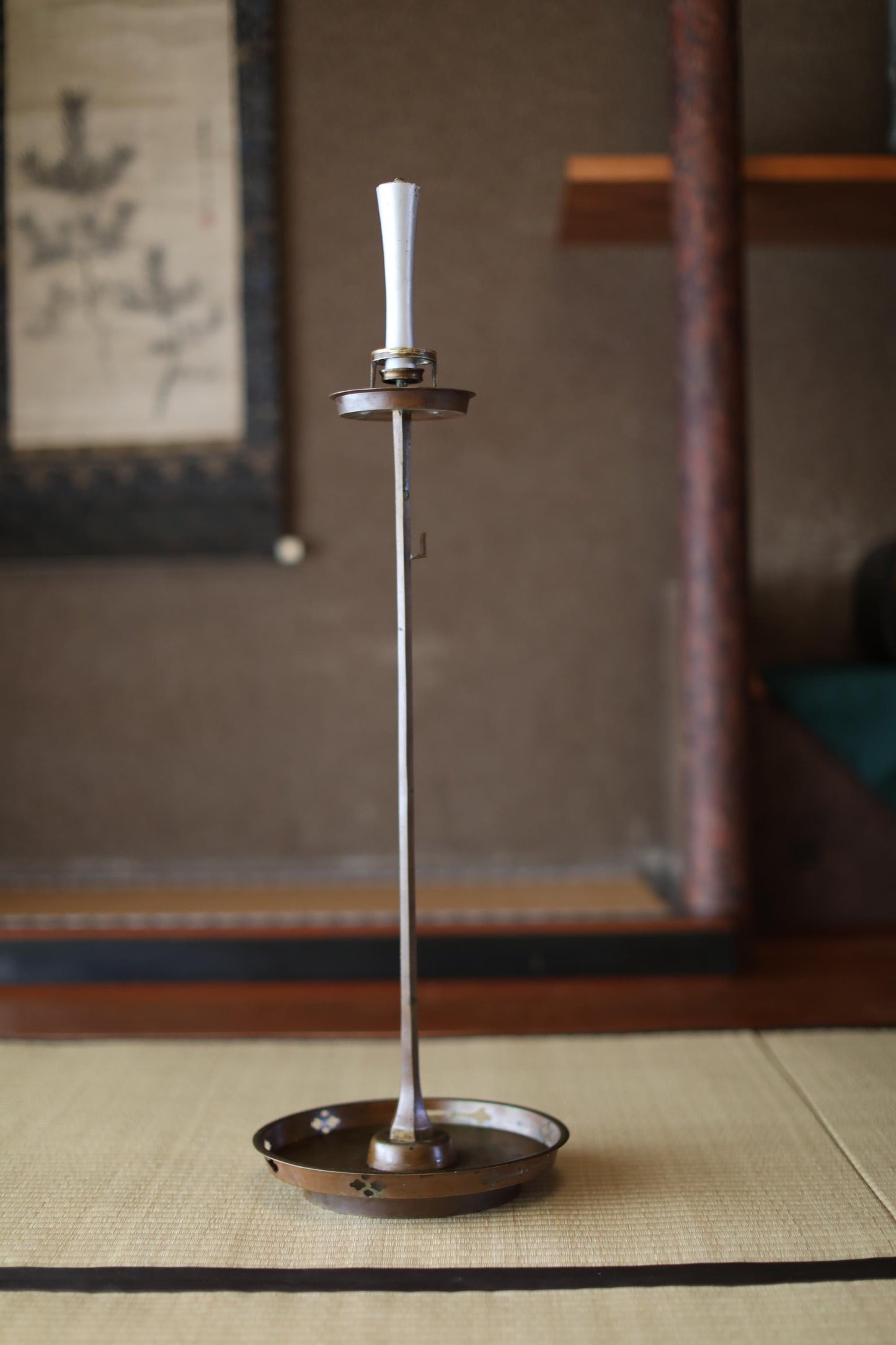 Japanese Bronze Candle Stand - Antique Samurai Temple Lantern With Openwork Family Crest Design