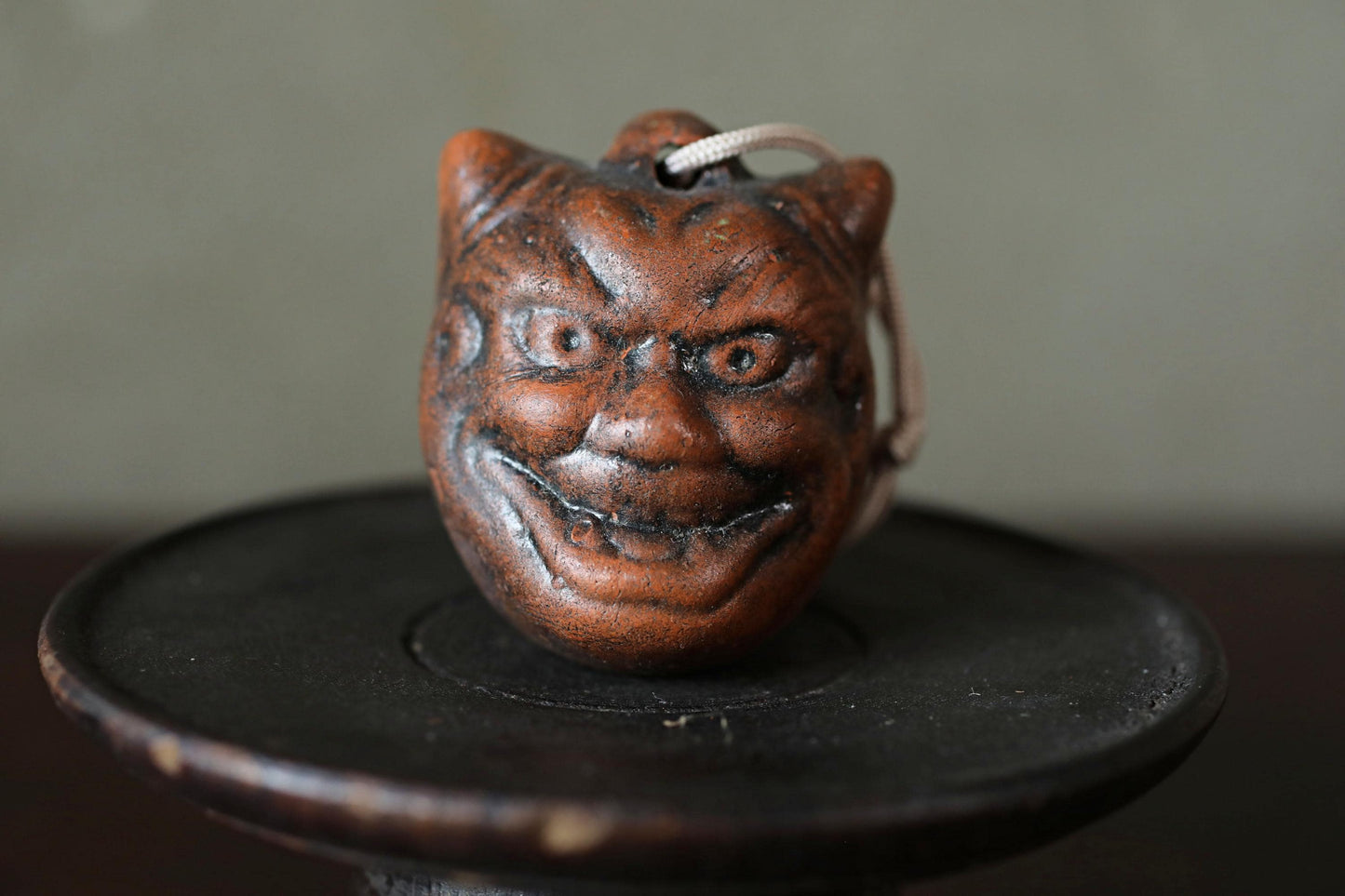 Japanese Oni Pottery Bell - Vintage Paperweight & Demon Talisman Ornament