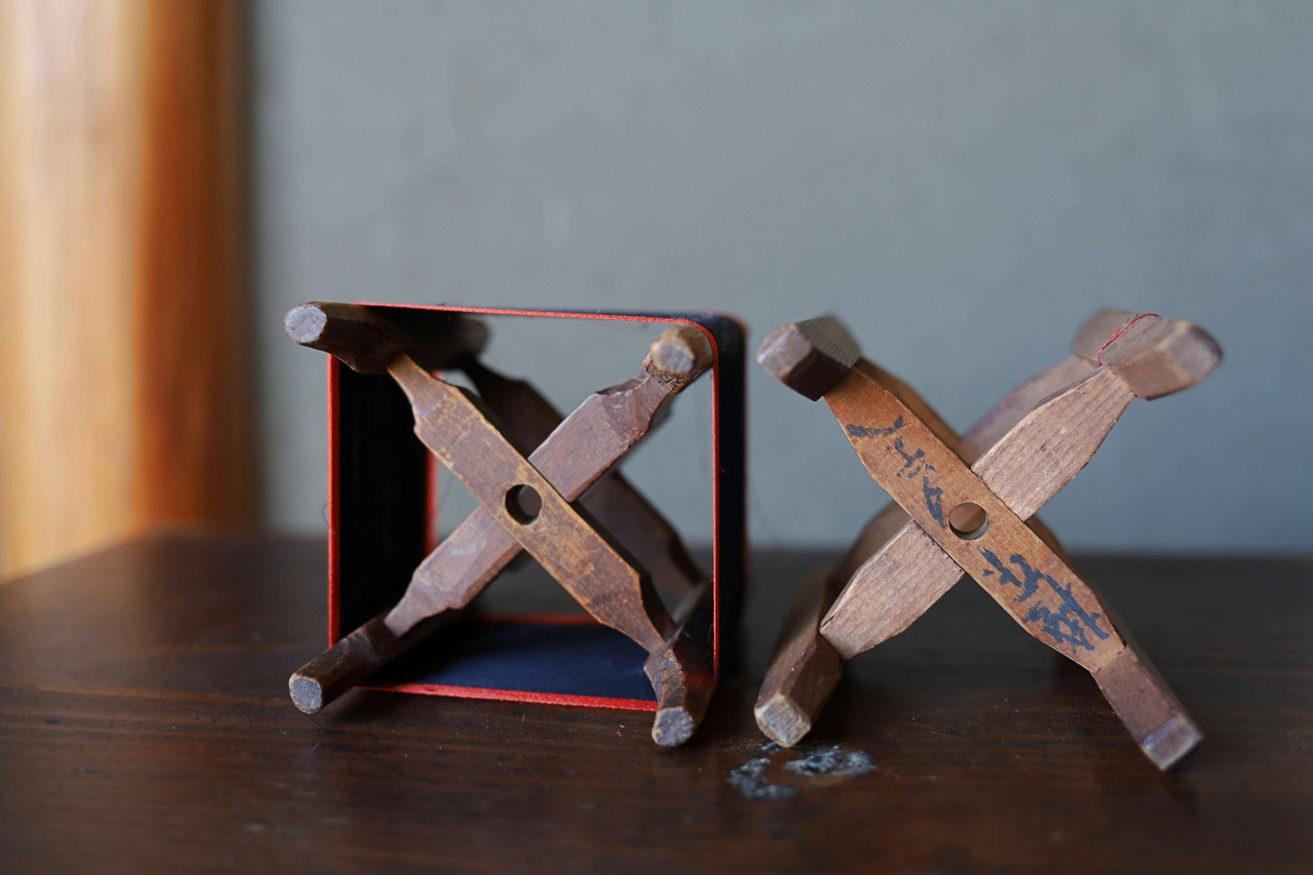 Vintage Wooden Spool - Japanese Silk Bobbin Pair with Loom Parts Set & Craft Plant Stand