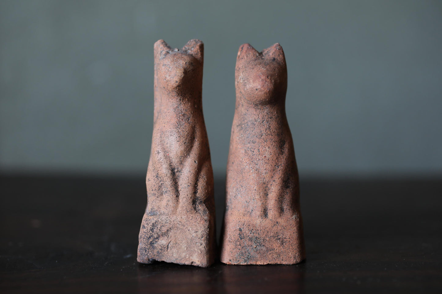 Japanese Antiques KITSUNE Dolls, Imado-yaki Pottery Pair (H3.7in)