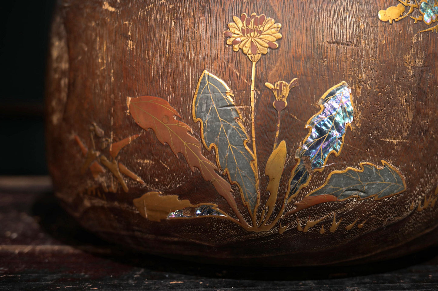 Antique Japanese Hibachi | Traditional Charcoal Brazier with Makie Quail & Plum Blossom Inlay