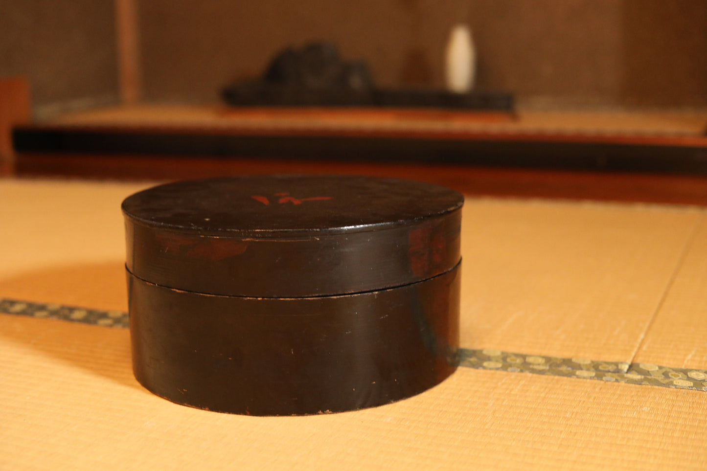Japanese Antique Nesting Boxes - Black Lacquered Round Wood Storage Set with Kanji Mark