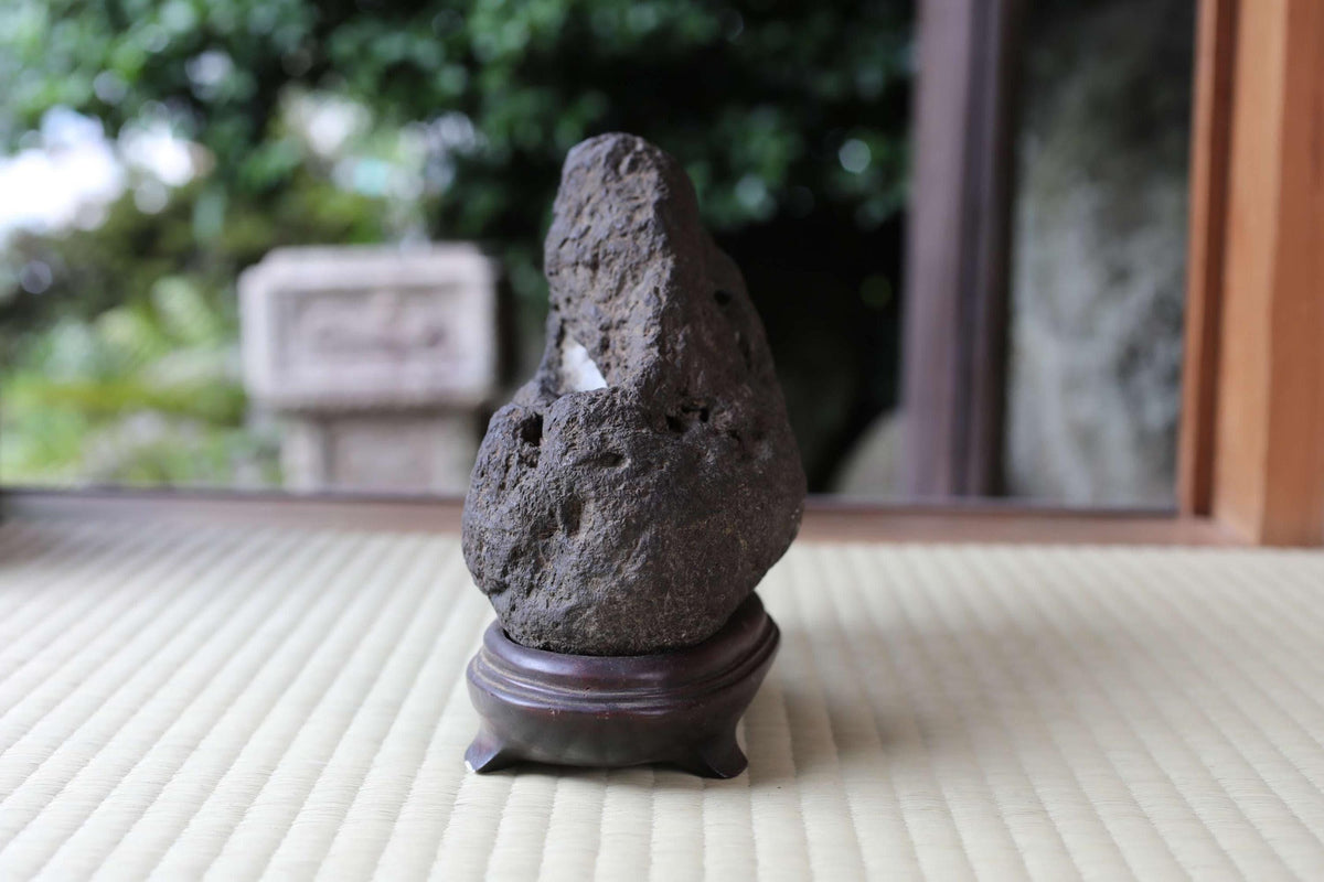 A large, dark rock sits on a wooden stand in the foreground of the image.
