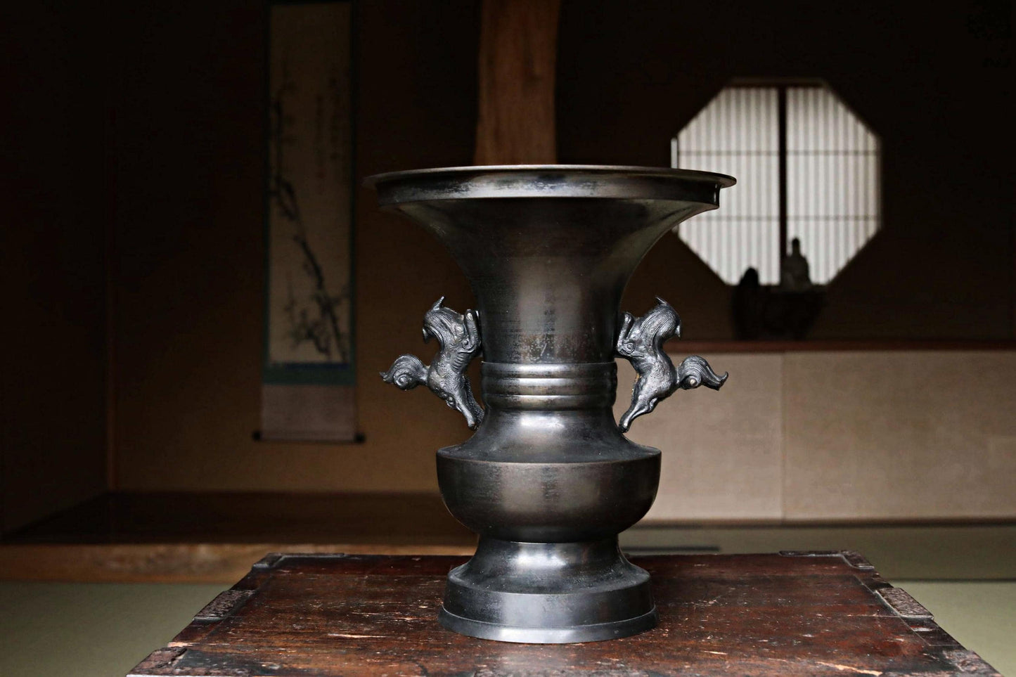 Vintage Japanese Bronze Vase – Large Ikebana Vessel with Shishi Lion Handles