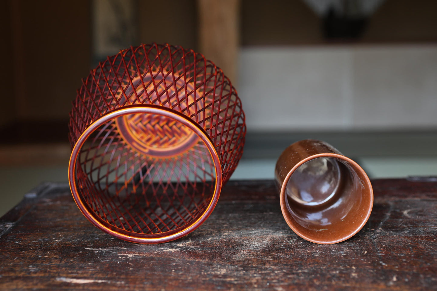 Japanese Bamboo Basket - Vintage Woven Bamboo Vase with Ceramic Ikebana Holder