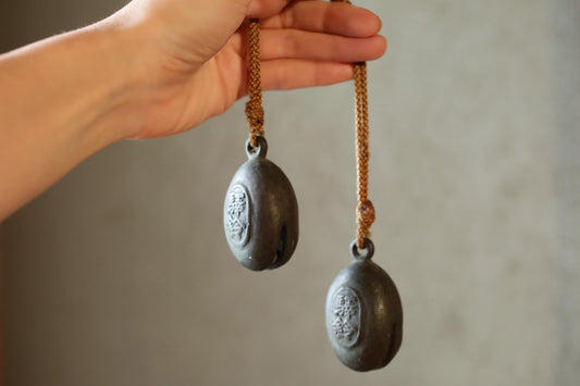 Japanese Bronze Bells - Vintage Bronze Bell Pair with Kanji Suzu for Entryway Display