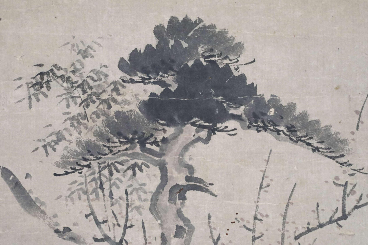 Japanese Antique Scroll - Edo Period Art Kakejiku with Crane and Turtle Ink Wash Painting